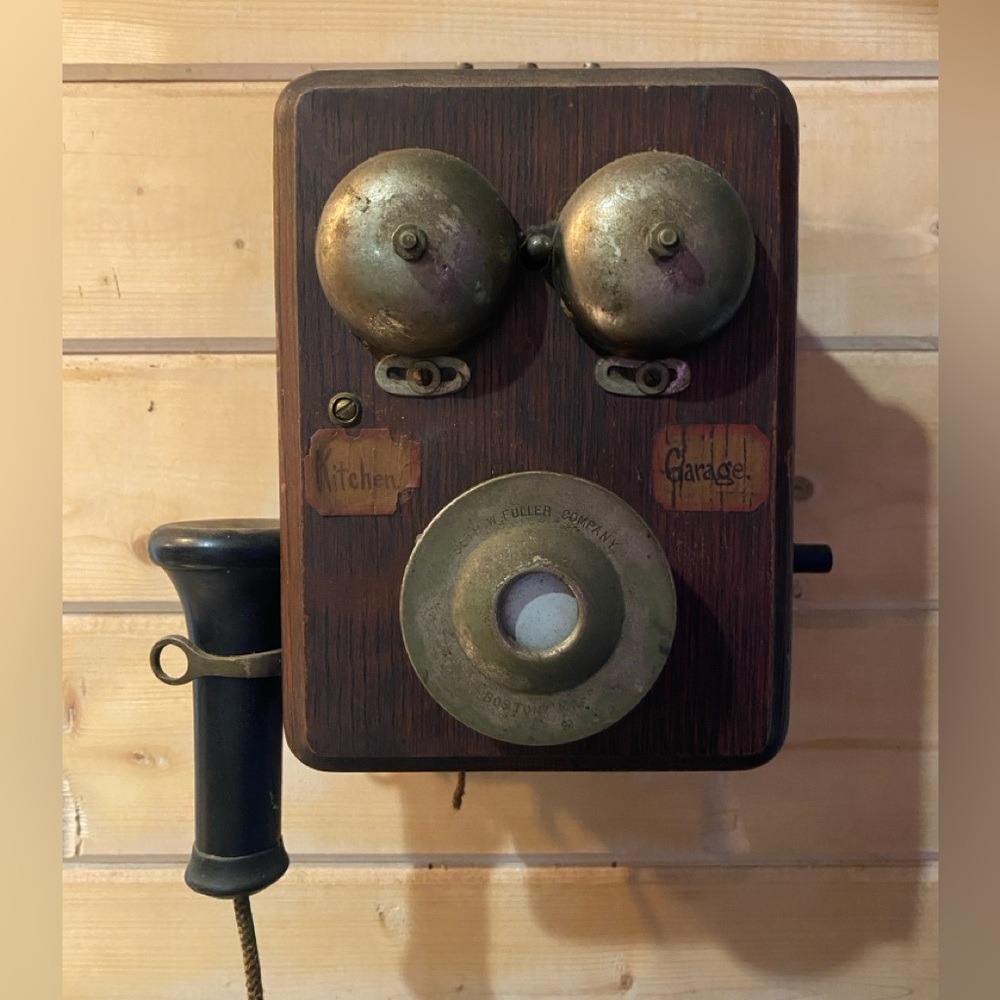 Vintage Wooden Wall Telephone with Brass Accents